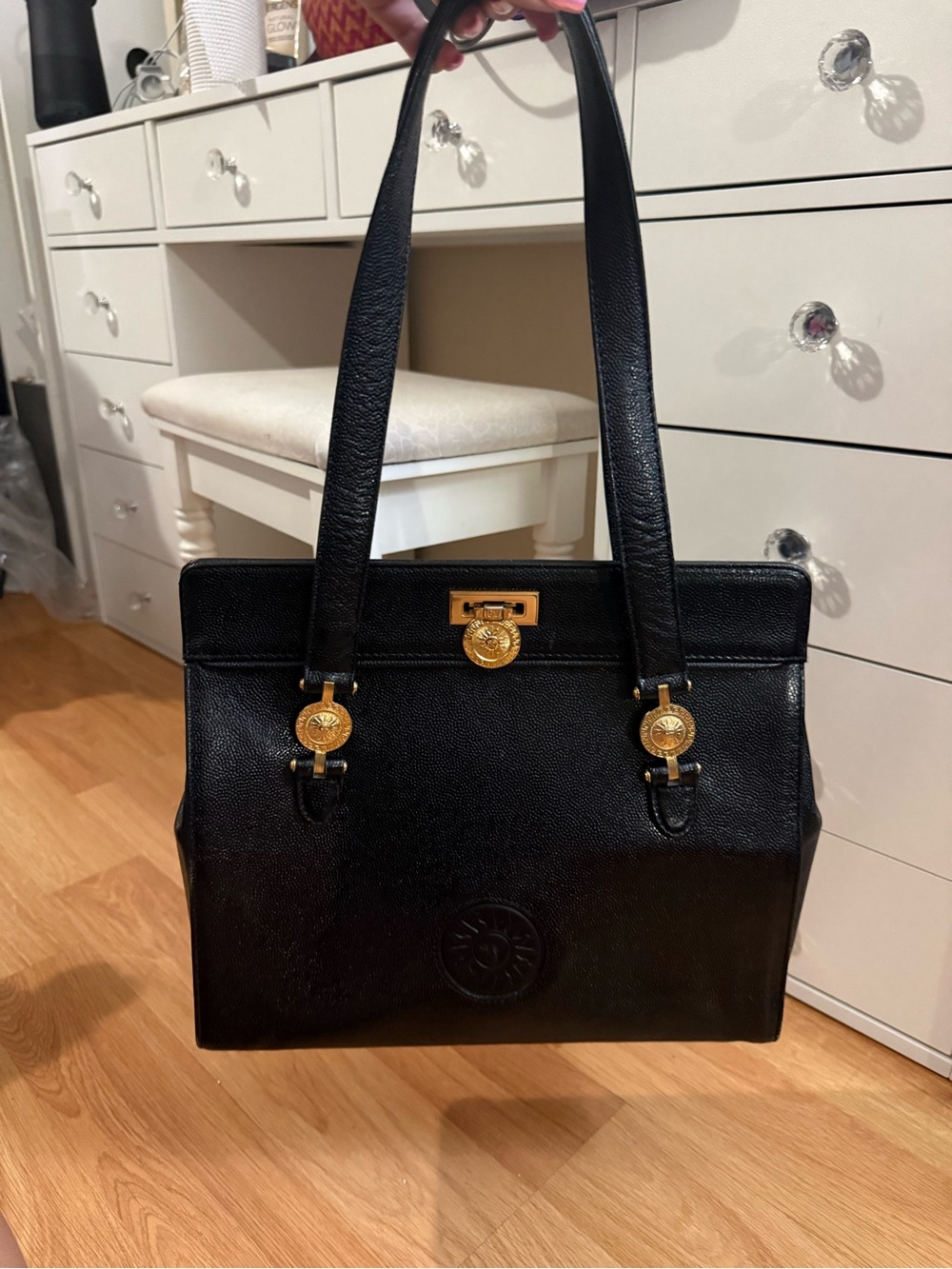 Versace Black Leather Shoulder Bag with Gold Medallion Hardware